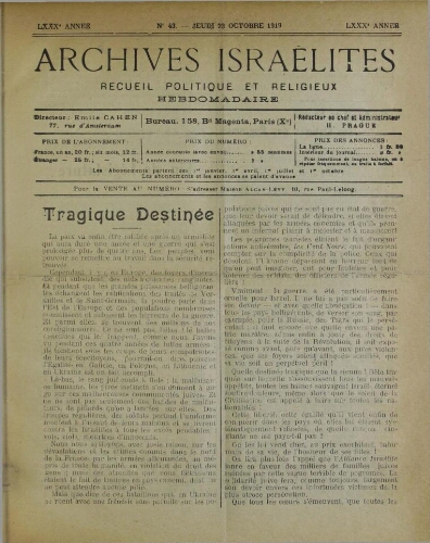 Archives israélites de France. Vol.80 N°43 (23 oct. 1919)